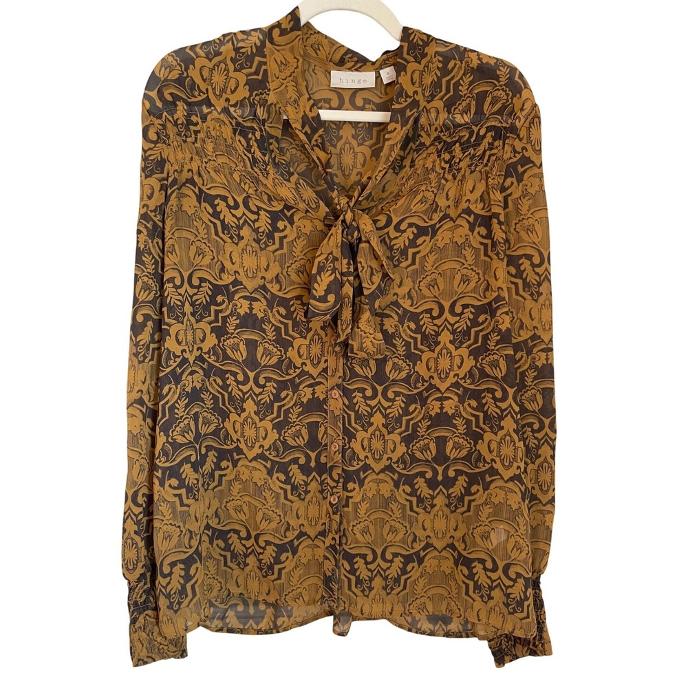 Hinge Size M 100% Silk Camel Brown Black Damask Print Tie Neck Sheer Blouse